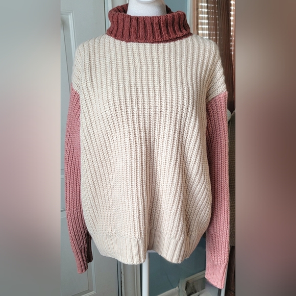 Marine Layer Sweaters - Marine Layer Juniper Oversized Colorblock Turtleneck Sweater Womens S Cream Pink